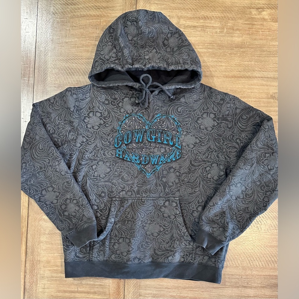 Cowgirl Hardware Black Grey Paisley Hoodie Blue Logo Rhinestones Bling Heart M - Picture 7 of 15